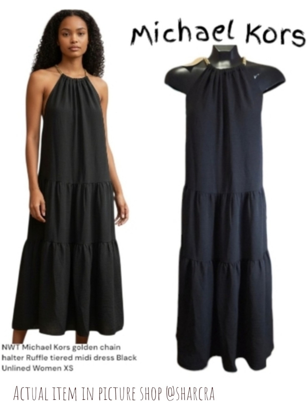 Michael Kors Women's QT482QCDQ0 golden chain Black halter tiered Long dress XS